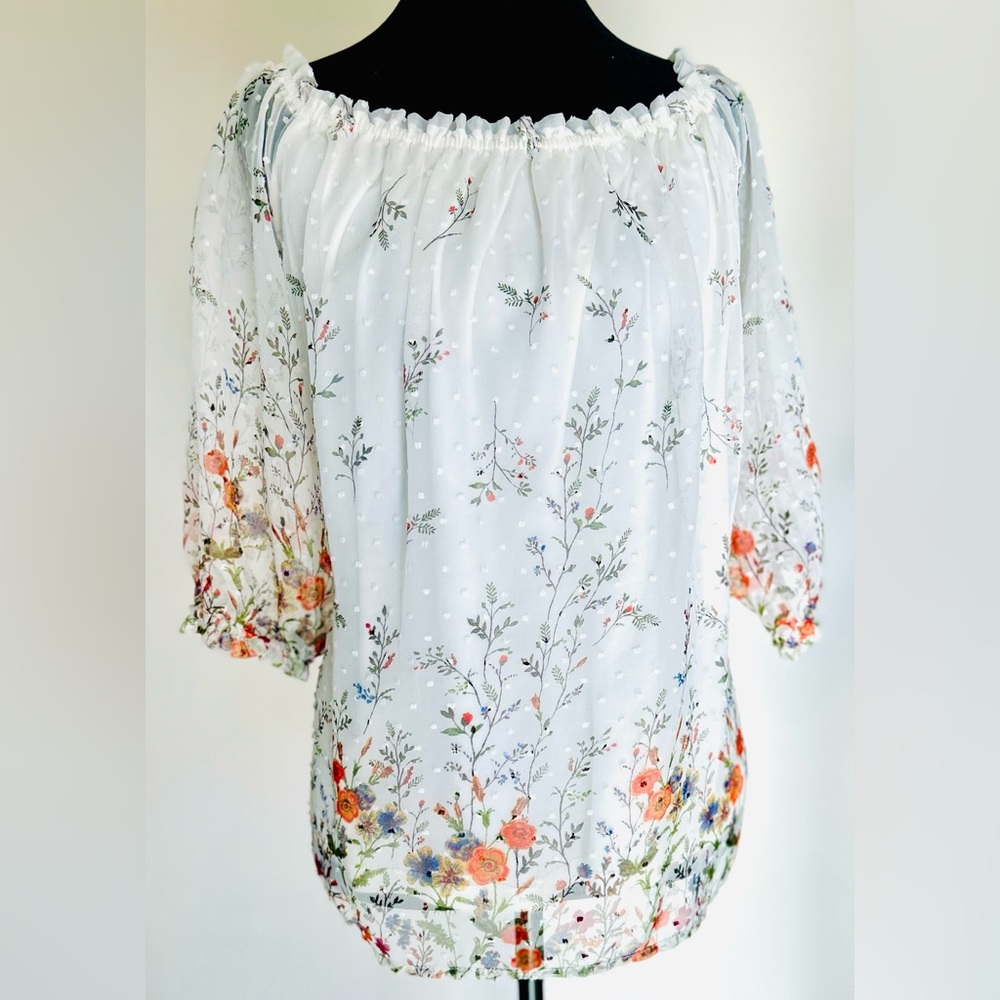 Cottagecore Fairycore Floral Swiss Dot Blouse Sheer J1261 Peasant Floral Top L